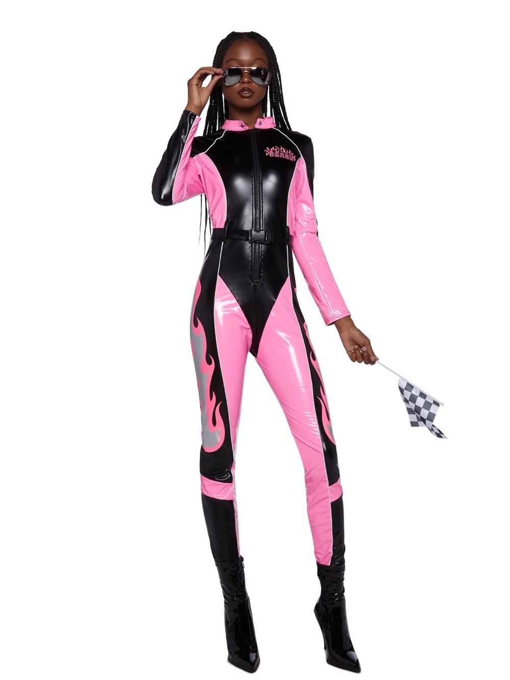 Racing Flame Faux Leather Jumpsuit - Pink & Black Halloween Rave